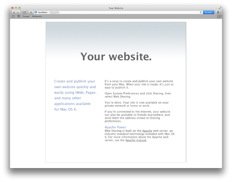 Screen shot of browser page on a MacOS Lion computer running Web Sharing